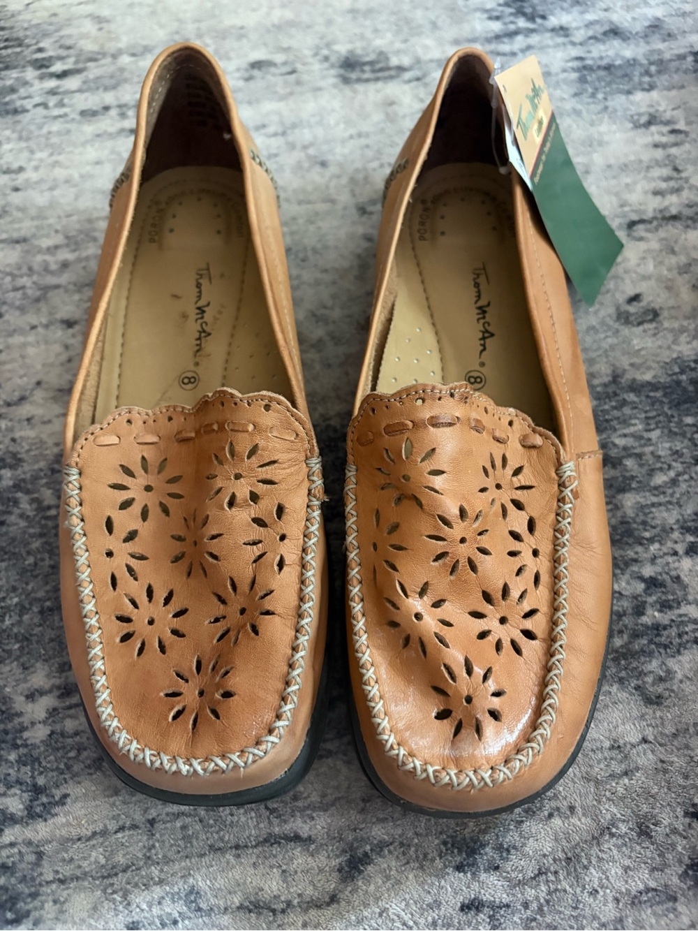 Thom McAn Tan Leather Floral Cutout Slip-On Loafers